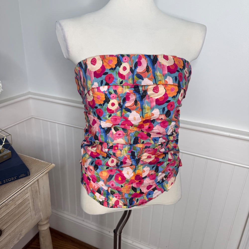 FORE Floral Ruched Tube Top Pink Blue Orange Strapless Back Tie TI4917FO Large